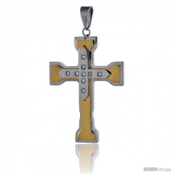 Stainless Steel Capital Cross Pendant CZ Stones 2-tone Gold Finish, 2 in tall with 30 in chain