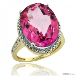 10k Yellow Gold Diamond Pink Topaz Ring 13.56 Carat Oval Shape 18x13 mm, 3/4 in (20mm) wide