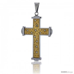 Stainless Steel Cross Pendant CZ Stones Srtars 2-tone Gold Finish, 2 in tall with 30 in chain