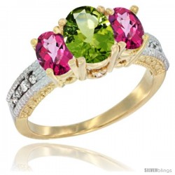 10K Yellow Gold Ladies Oval Natural Peridot 3-Stone Ring with Pink Topaz Sides Diamond Accent