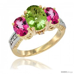 10K Yellow Gold Ladies 3-Stone Oval Natural Peridot Ring with Pink Topaz Sides Diamond Accent