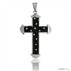Stainless Steel Cross Pendant Stars CZ Stones 2-tone Black Finish, 2 in tall with 30 in chain