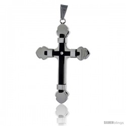 Stainless Steel Cross Pendant CZ Stone 2-tone Black Finish, 2 in tall with 30 in chain