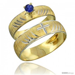 10k Gold 2-Piece 0.25 Carat Deep Blue Sapphire Ring Set (Engagement Ring & Man's Wedding Band) Diamond-cut -Style 10y503em