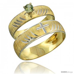 10k Gold 2-Piece 0.25 Carat Green Sapphire Ring Set (Engagement Ring & Man's Wedding Band) Diamond-cut Pattern -Style 10y503em