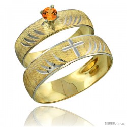 10k Gold 2-Piece 0.25 Carat Orange Sapphire Ring Set (Engagement Ring & Man's Wedding Band) Diamond-cut Pattern -Style 10y503em