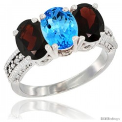 14K White Gold Natural Swiss Blue Topaz & Garnet Sides Ring 3-Stone 7x5 mm Oval Diamond Accent