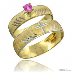 10k Gold 2-Piece 0.25 Carat Pink Sapphire Ring Set (Engagement Ring & Man's Wedding Band) Diamond-cut Pattern -Style 10y503em