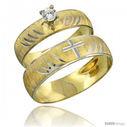 10k Gold 2-Piece 0.25 Carat White Sapphire Ring Set (Engagement Ring & Man's Wedding Band) Diamond-cut Pattern -Style 10y503em
