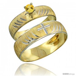 10k Gold 2-Piece 0.25 Carat Yellow Sapphire Ring Set (Engagement Ring & Man's Wedding Band) Diamond-cut Pattern -Style 10y503em
