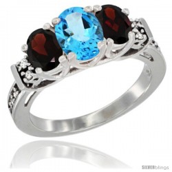 14K White Gold Natural Swiss Blue Topaz & Garnet Ring 3-Stone Oval with Diamond Accent