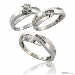 10k White Gold Diamond Trio Wedding Ring Set His 7mm & Hers 6mm