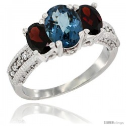 14k White Gold Ladies Oval Natural London Blue Topaz 3-Stone Ring with Garnet Sides Diamond Accent