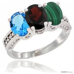 14K White Gold Natural Swiss Blue Topaz, Garnet & Malachite Ring 3-Stone 7x5 mm Oval Diamond Accent