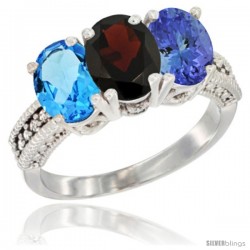 14K White Gold Natural Swiss Blue Topaz, Garnet & Tanzanite Ring 3-Stone 7x5 mm Oval Diamond Accent