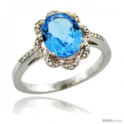 14k White Gold Diamond Halo Blue Topaz Ring 1.65 Carat Oval Shape 9X7 mm, 7/16 in (11mm) wide