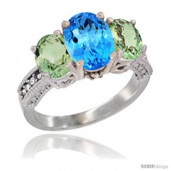 14K White Gold Ladies 3-Stone Oval Natural Swiss Blue Topaz Ring with Green Amethyst Sides Diamond Accent