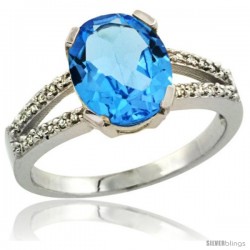 14k White Gold and Diamond Halo Blue Topaz Ring 2.4 carat Oval shape 10X8 mm, 3/8 in (10mm) wide