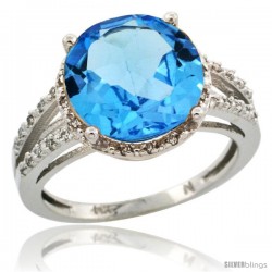 14k White Gold Diamond Swiss Blue Topaz Ring 5.25 ct Round Shape 11 mm, 1/2 in wide