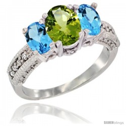 14k White Gold Ladies Oval Natural Peridot 3-Stone Ring with Swiss Blue Topaz Sides Diamond Accent