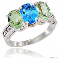 14K White Gold Natural Swiss Blue Topaz & Green Amethyst Ring 3-Stone 7x5 mm Oval Diamond Accent