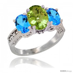 14K White Gold Ladies 3-Stone Oval Natural Peridot Ring with Swiss Blue Topaz Sides Diamond Accent