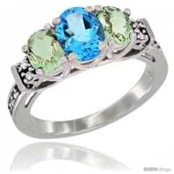 14K White Gold Natural Swiss Blue Topaz & Green Amethyst Ring 3-Stone Oval with Diamond Accent