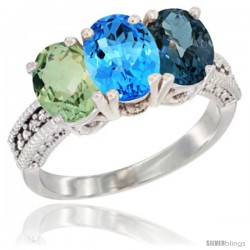 14K White Gold Natural Green Amethyst, Swiss Blue Topaz & London Blue Topaz Ring 3-Stone 7x5 mm Oval Diamond Accent