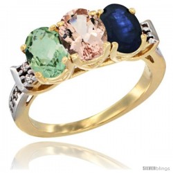 10K Yellow Gold Natural Green Amethyst, Morganite & Blue Sapphire Ring 3-Stone Oval 7x5 mm Diamond Accent