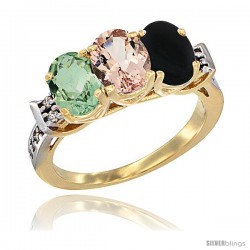 10K Yellow Gold Natural Green Amethyst, Morganite & Black Onyx Ring 3-Stone Oval 7x5 mm Diamond Accent