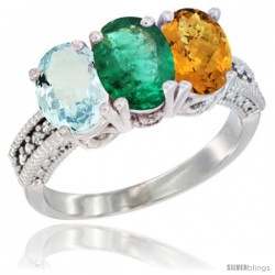 14K White Gold Natural Aquamarine, Emerald & Whisky Quartz Ring 3-Stone Oval 7x5 mm Diamond Accent