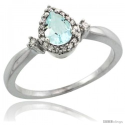 14k White Gold Diamond Aquamarine Ring 0.33 ct Tear Drop 6x4 Stone 3/8 in wide