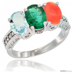 14K White Gold Natural Aquamarine, Emerald & Coral Ring 3-Stone Oval 7x5 mm Diamond Accent