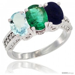 14K White Gold Natural Aquamarine, Emerald & Lapis Ring 3-Stone Oval 7x5 mm Diamond Accent