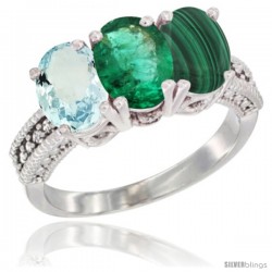 14K White Gold Natural Aquamarine, Emerald & Malachite Ring 3-Stone Oval 7x5 mm Diamond Accent