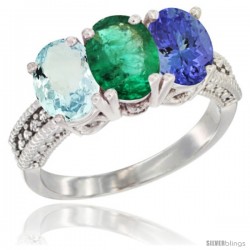 14K White Gold Natural Aquamarine, Emerald & Tanzanite Ring 3-Stone Oval 7x5 mm Diamond Accent