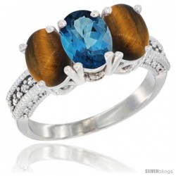 10K White Gold Natural London Blue Topaz & Tiger Eye Ring 3-Stone Oval 7x5 mm Diamond Accent