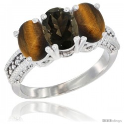 10K White Gold Natural Smoky Topaz & Tiger Eye Ring 3-Stone Oval 7x5 mm Diamond Accent