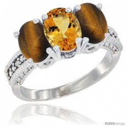 10K White Gold Natural Citrine & Tiger Eye Ring 3-Stone Oval 7x5 mm Diamond Accent