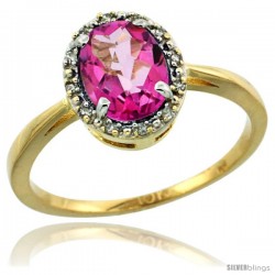 10k Yellow Gold Diamond Halo Pink Topaz Ring 1.2 ct Oval Stone 8x6 mm, 1/2 in wide