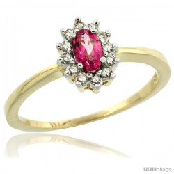 10k Yellow Gold Diamond Halo Pink Topaz Ring 0.25 ct Oval Stone 5x3 mm, 5/16 in wide