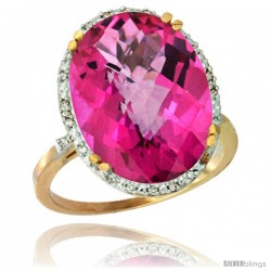 10k Yellow Gold Diamond Halo Large Pink Topaz Ring 10.3 ct Oval Stone 18x13 mm, 3/4 in wide