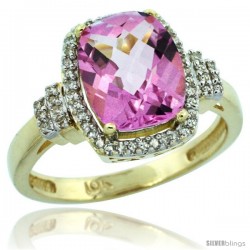 10k Yellow Gold Diamond Halo Pink Topaz Ring 2.4 ct Cushion Cut 9x7 mm, 1/2 in wide