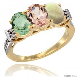 10K Yellow Gold Natural Green Amethyst, Morganite & Opal Ring 3-Stone Oval 7x5 mm Diamond Accent