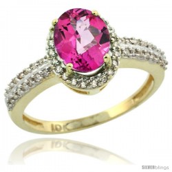 10k Yellow Gold Diamond Halo Pink Topaz Ring 1.2 ct Oval Stone 8x6 mm, 3/8 in wide