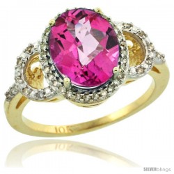 10k Yellow Gold Diamond Halo Pink Topaz Ring 2.4 ct Oval Stone 10x8 mm, 1/2 in wide