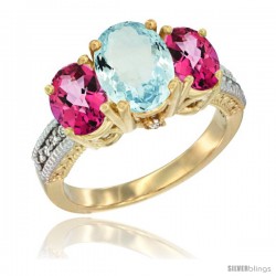 10K Yellow Gold Ladies 3-Stone Oval Natural Aquamarine Ring with Pink Topaz Sides Diamond Accent