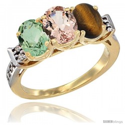 10K Yellow Gold Natural Green Amethyst, Morganite & Tiger Eye Ring 3-Stone Oval 7x5 mm Diamond Accent