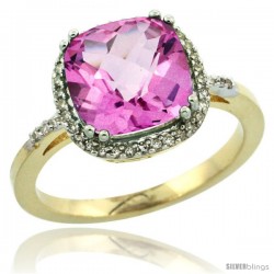 10k Yellow Gold Diamond Pink Topaz Ring 3.05 ct Cushion Cut 9x9 mm, 1/2 in wide