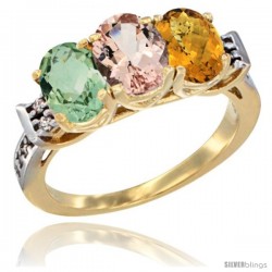 10K Yellow Gold Natural Green Amethyst, Morganite & Whisky Quartz Ring 3-Stone Oval 7x5 mm Diamond Accent